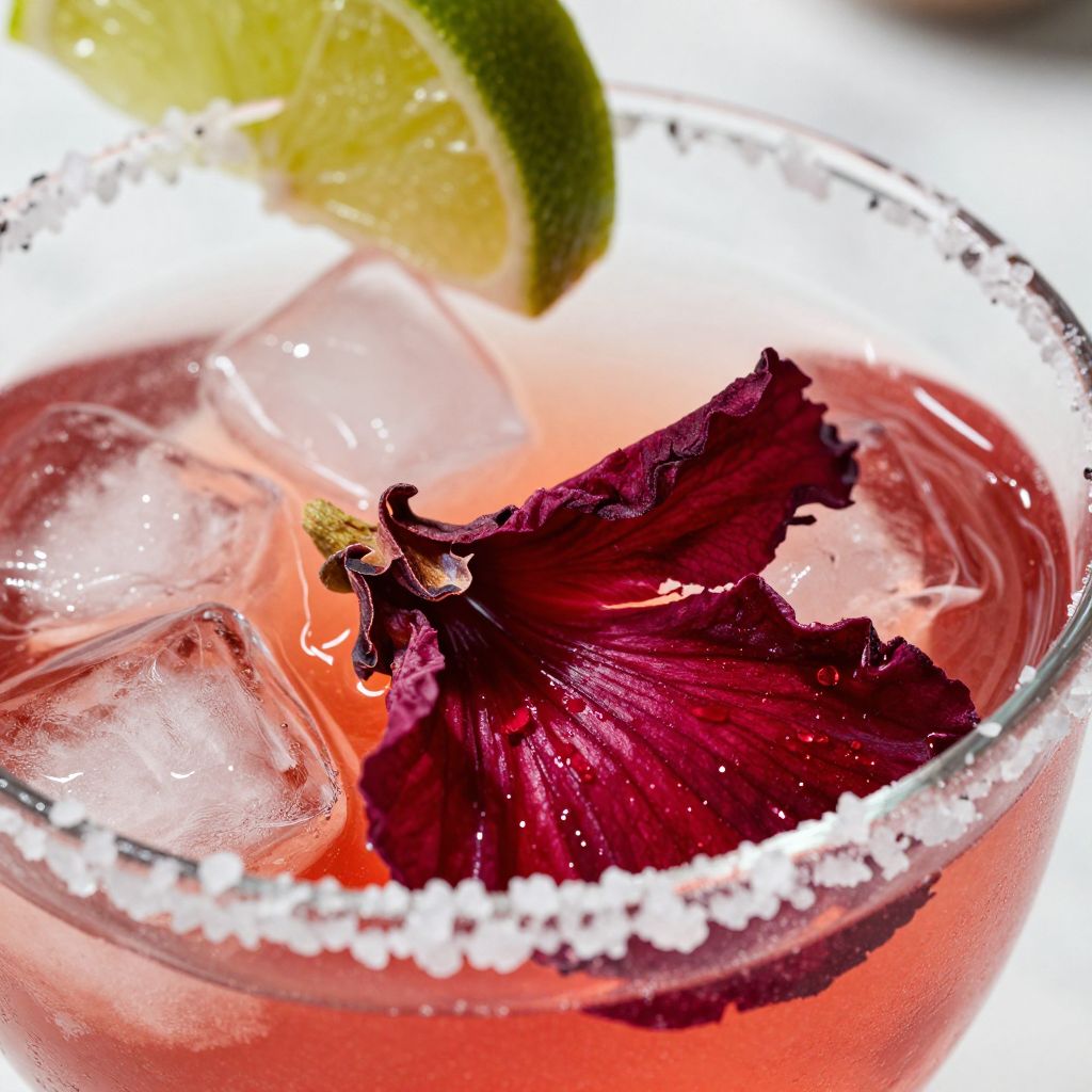 Hibiscus margarita in cocktail shaker with ingredients