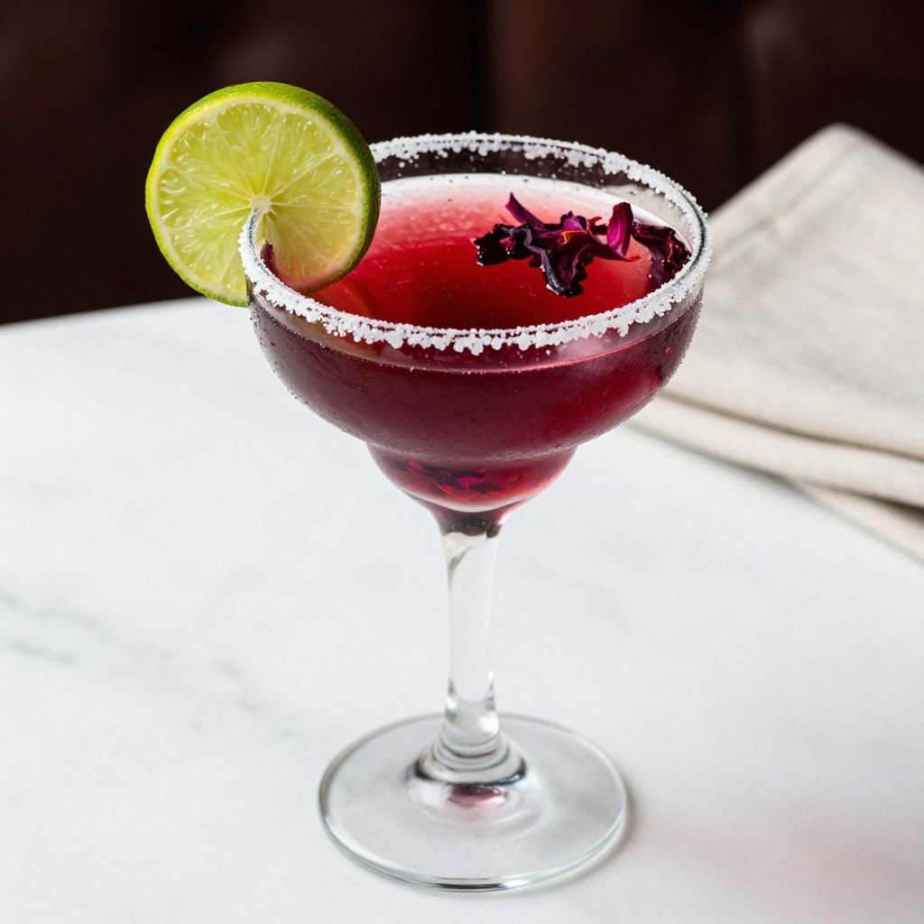 Hibiscus margarita served with lime wheel garnish