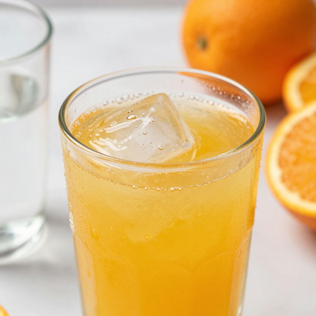 Freshly made orangeade in a pitcher with ice