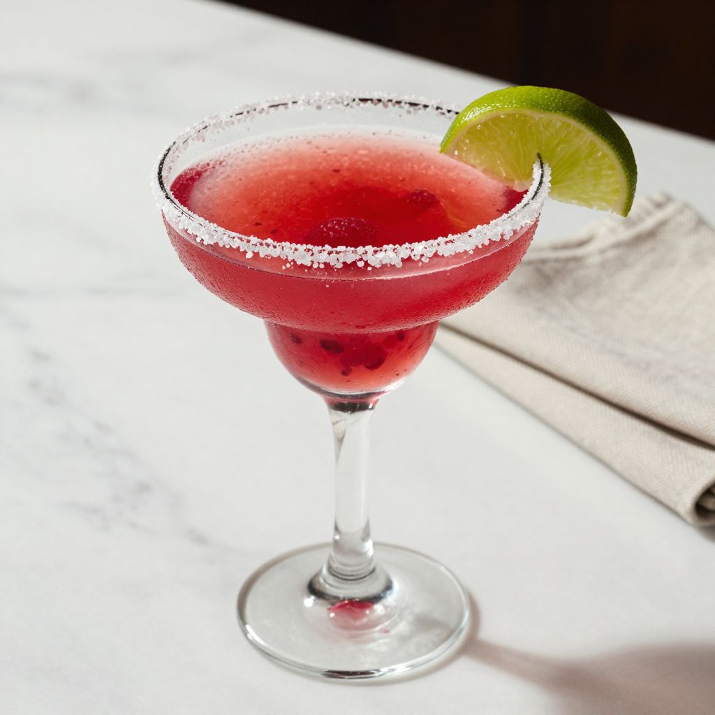 Raspberry Margarita served in glass with lime wedge